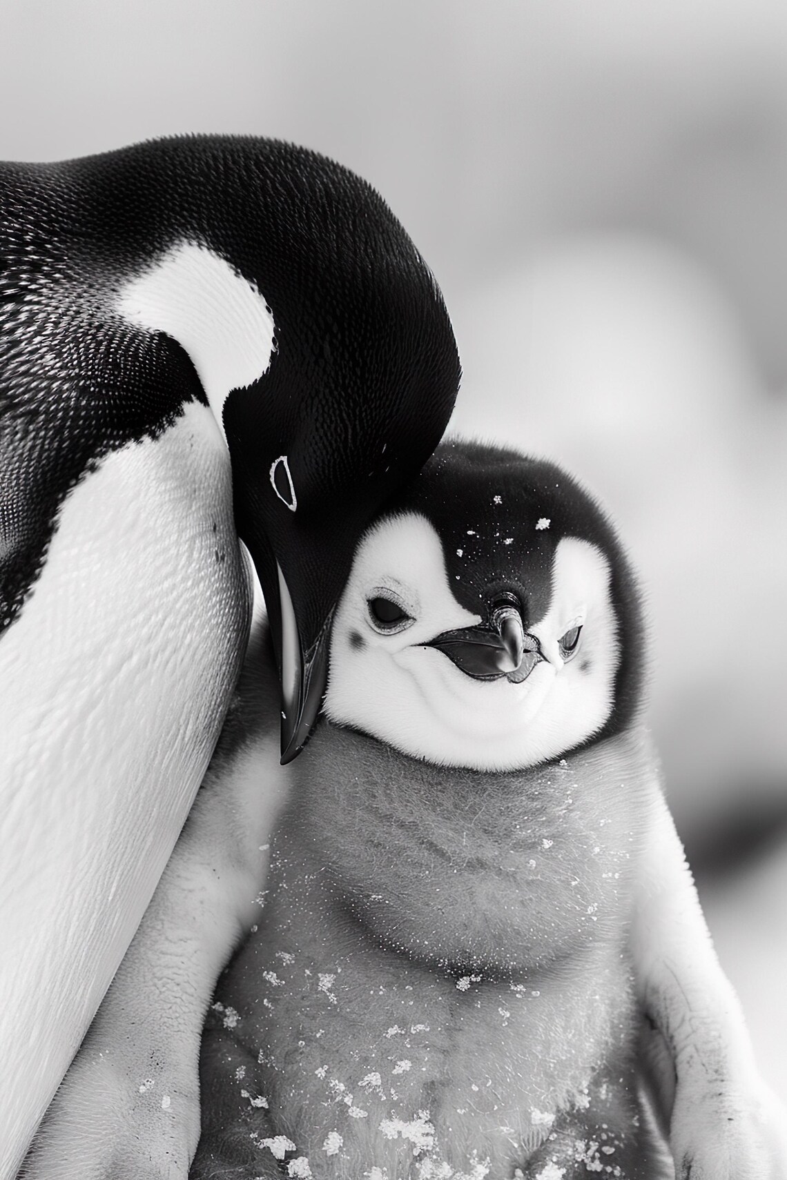 Emperor Penguin Preening Chick Black and White Poster for Nursery Decor