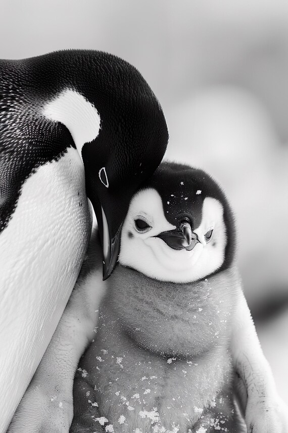 Emperor Penguin Preening Chick Black and White Poster for Nursery Decor
