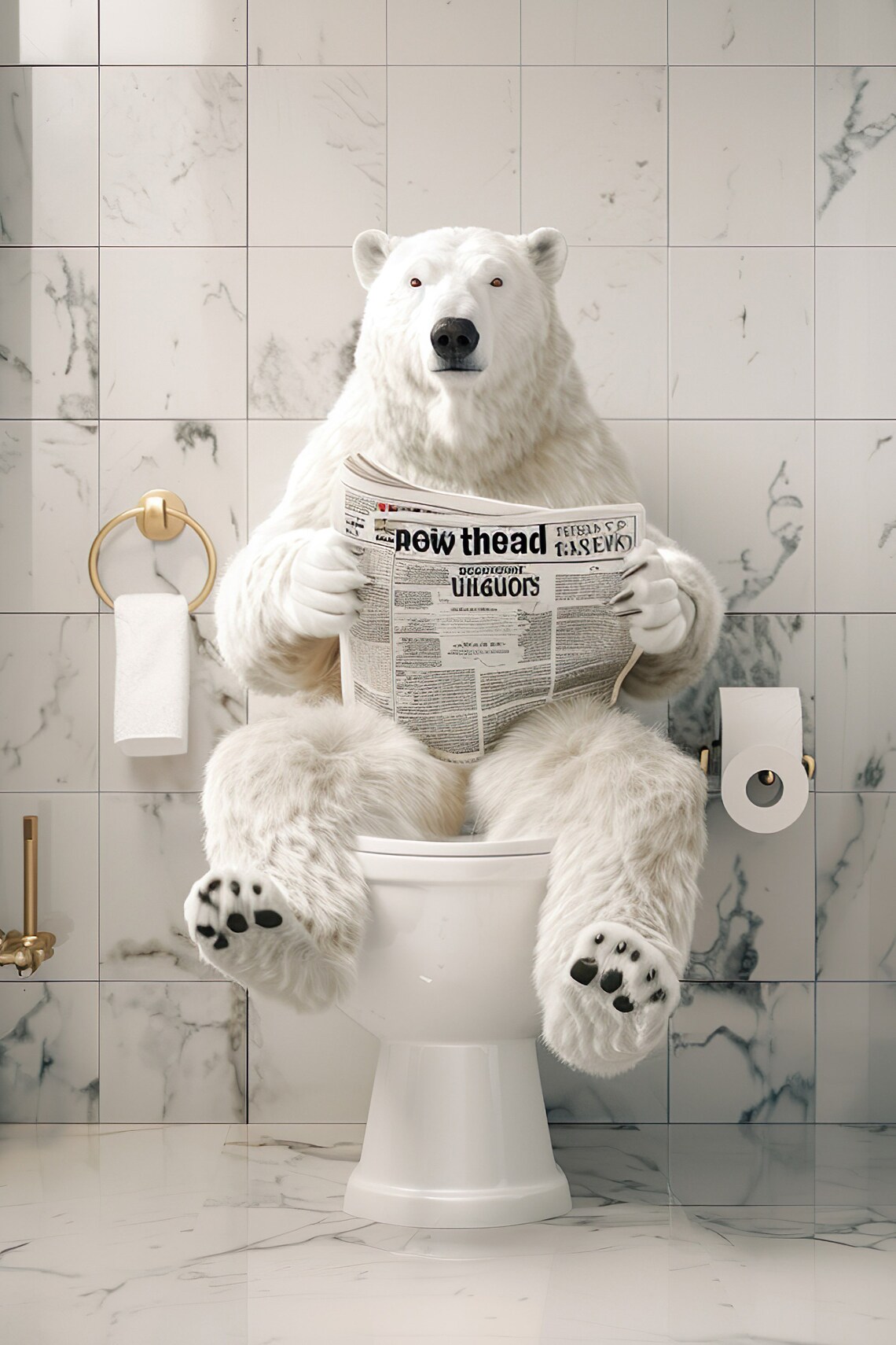 Polar Bear Reading Newspaper on Toilet Funny Bathroom Poster