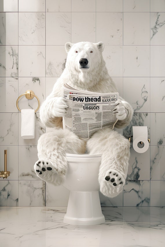Polar Bear Sitting On The Toilet Reading A Newspaper Funny Bathroom Humor Wall Decor Funny Animal Print Home Ai Art Prints