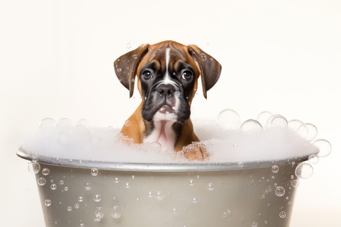 Boxer Dog Pup in the Bathtub Funny Bathroom Art Print