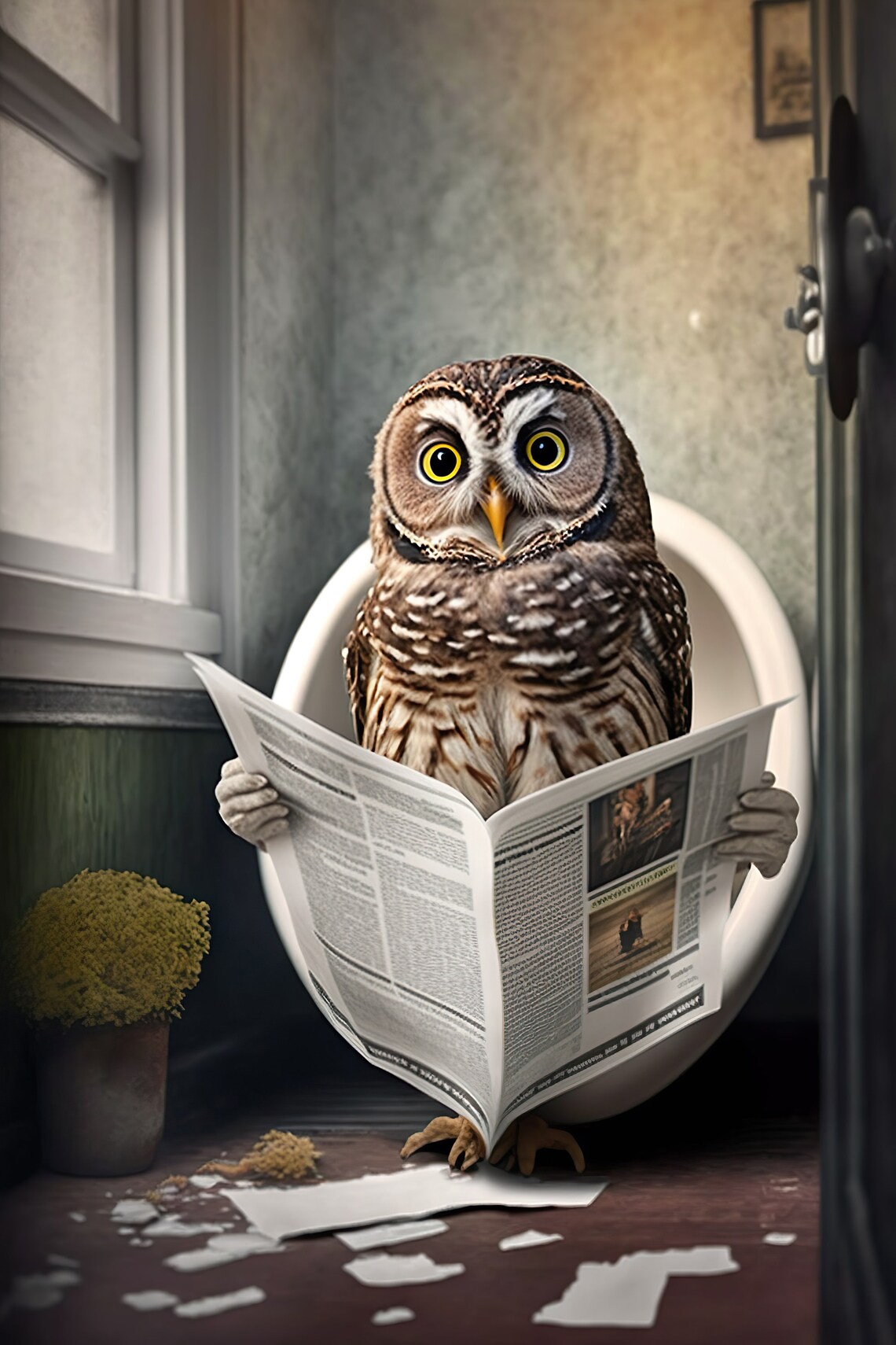 Owl on the Toilet Reading Newspaper Art Print