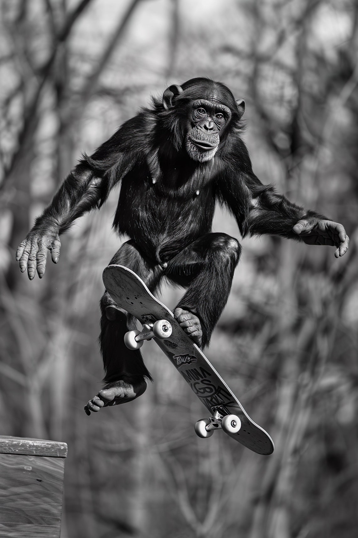 Chimpanzee Skateboard Kickflip Funny Black And White Art Print