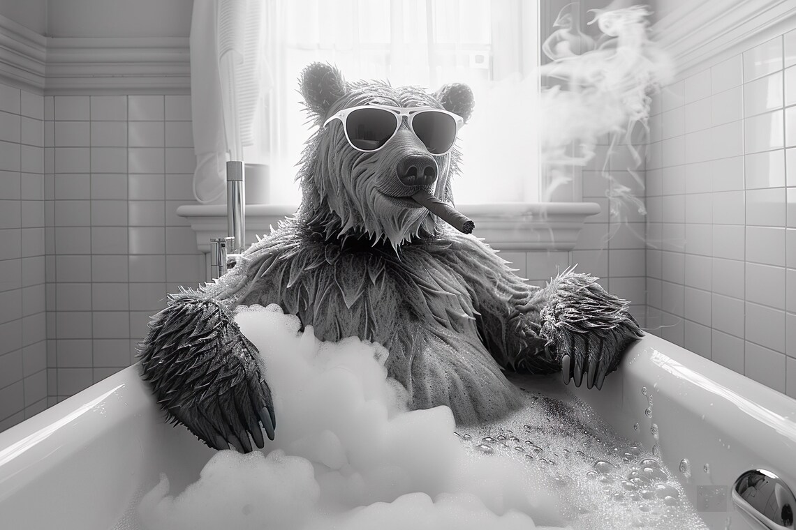 Cool Bear in Bathtub with Sunglasses and Cigar Funny Bathroom Print
