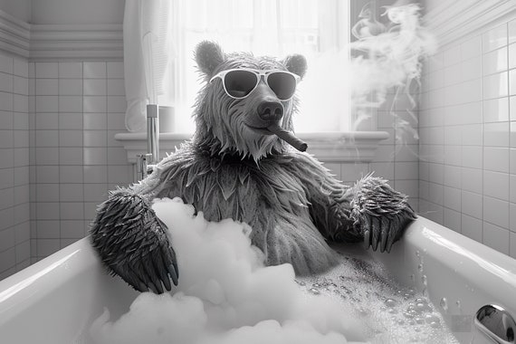 Cool Bear In Bathtub Smoking A Cigar Funny Bathroom Wall Art Vintage Style Animal Photography Bear Taking A Bath Print Ai Art