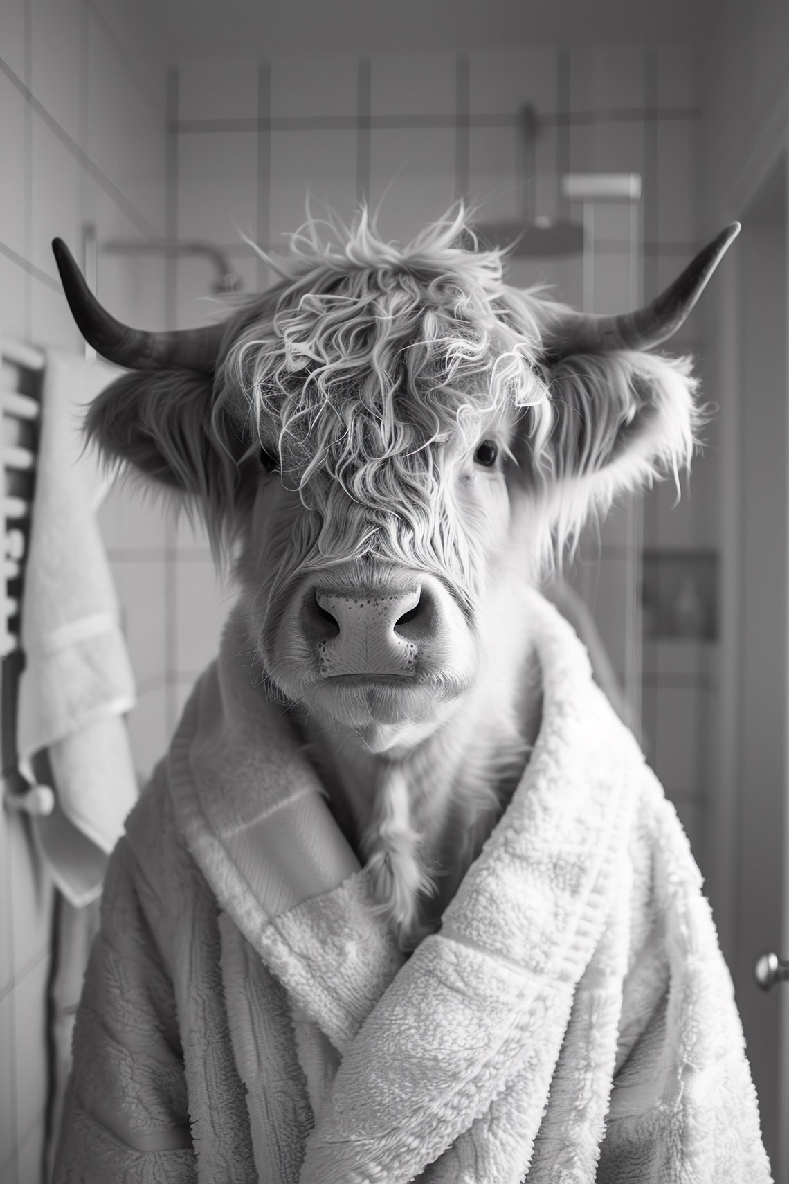 Highland Cow Bathrobe Funny Bathroom Black And White Animal Print