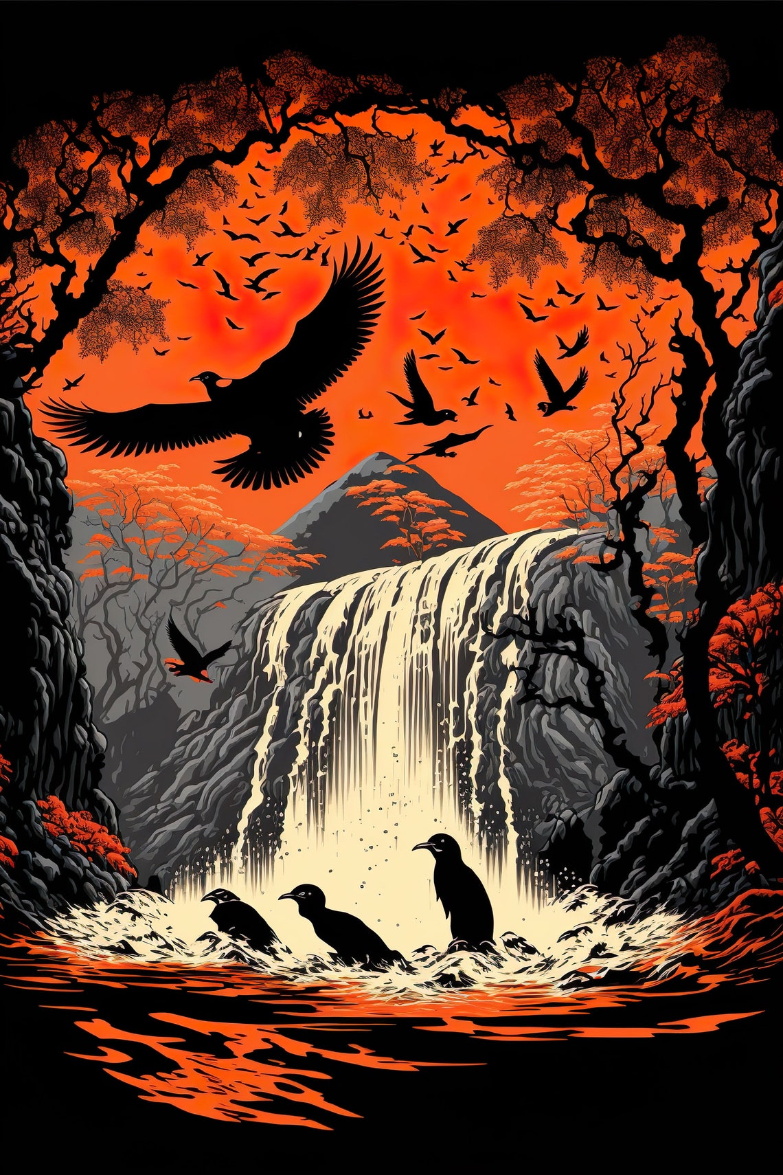 Sunset Waterfall Birds Ukiyo E Style Japanese Nature Art Poster