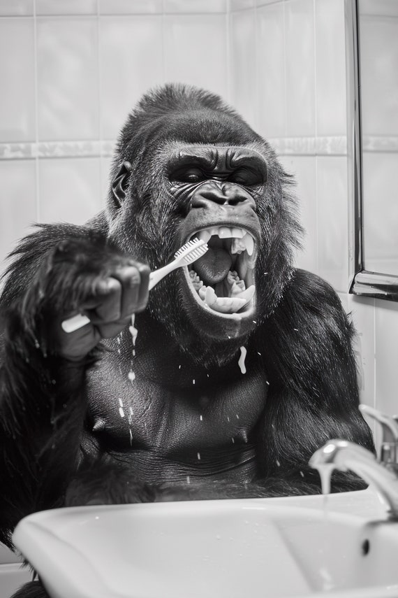 Funny Bathroom Wall Art Gorilla Brushing Teeth Bathroom Art Vintage Style Animal Photo Funny Gorilla Humor Print Ai Art