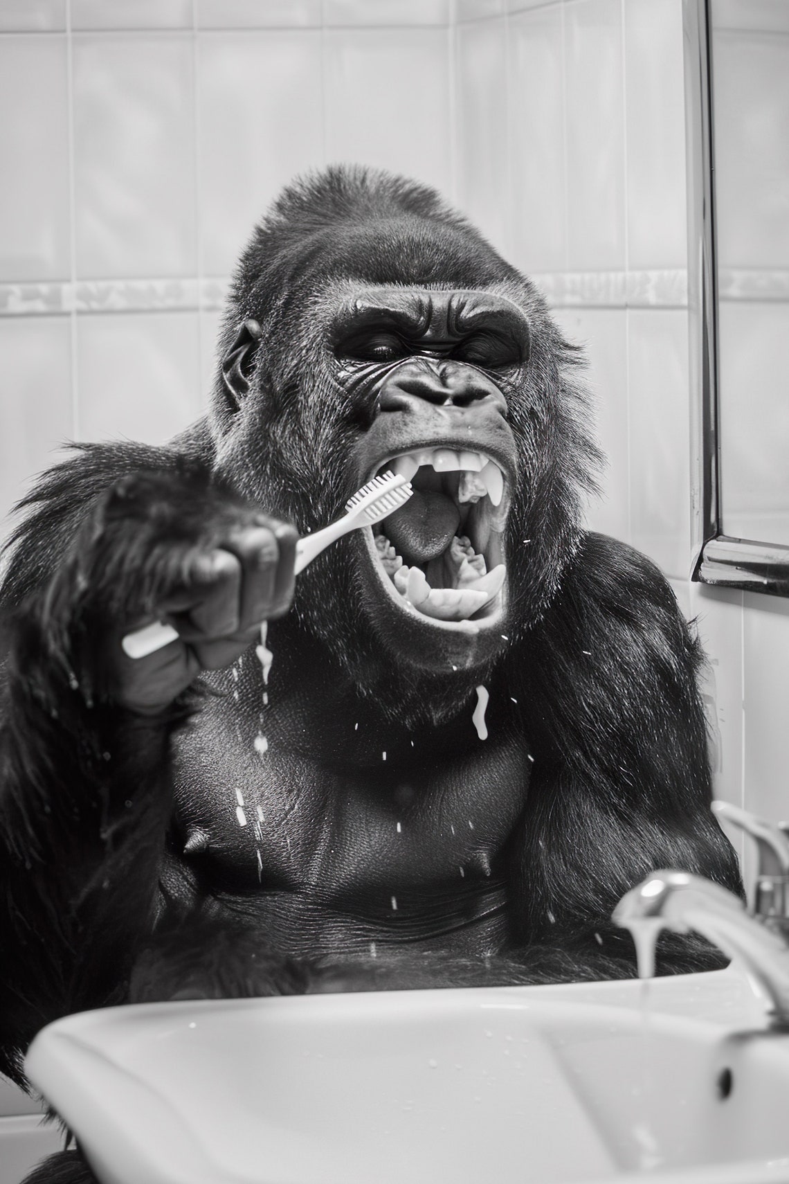 Gorilla Brushing Teeth Funny Black and White Bathroom Poster