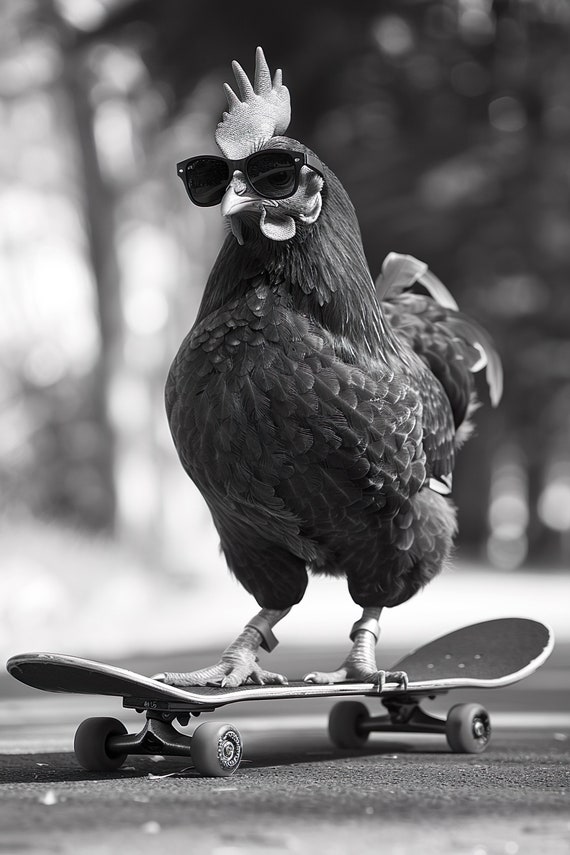 Chicken Skateboarding Funny Animal Wall Art Chicken On Skateboard Vintage Chicken Photo Black White Photography Ai Art