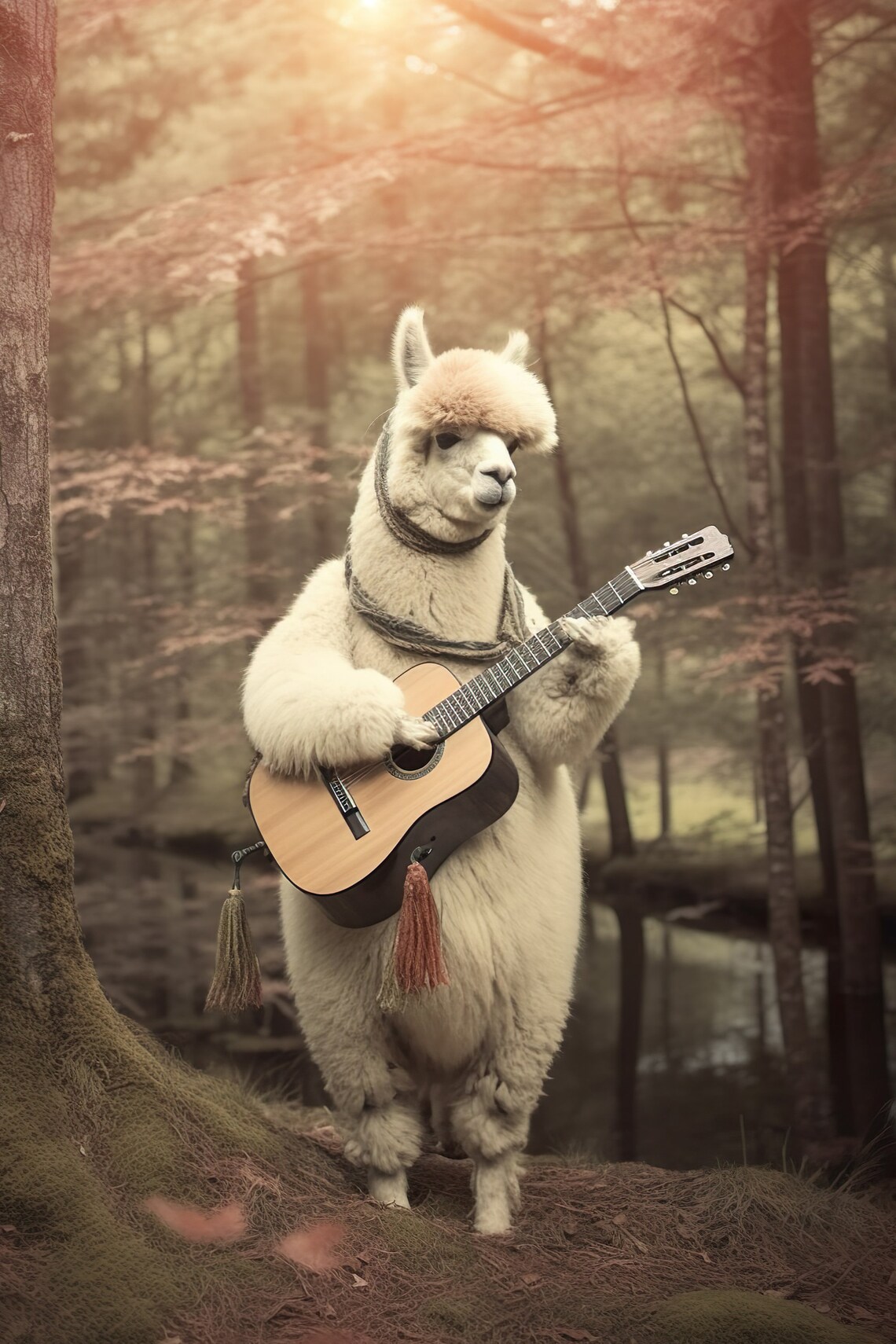 White Alpaca Playing Guitar Bohemian Forest Colorful Animal Poster