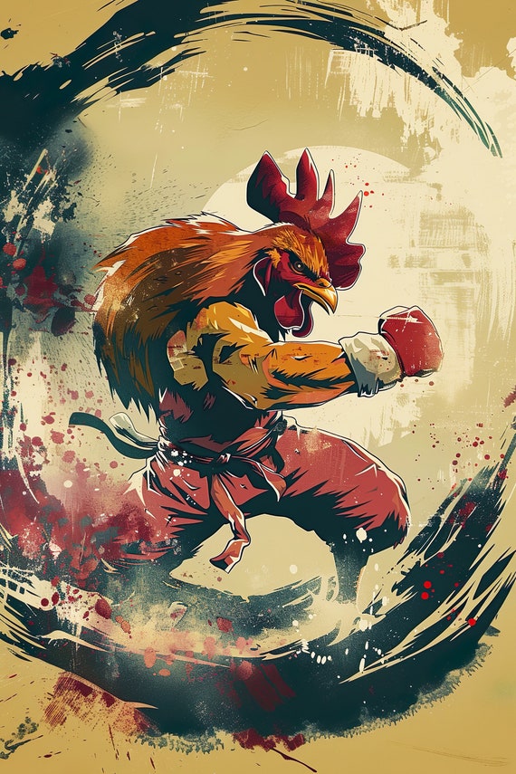 Ninja Chicken Throwing A Karate Punch Boys Game Room Wall Decor Movie Poster Style Martial Arts Funny Animal Wall Art Ai Art