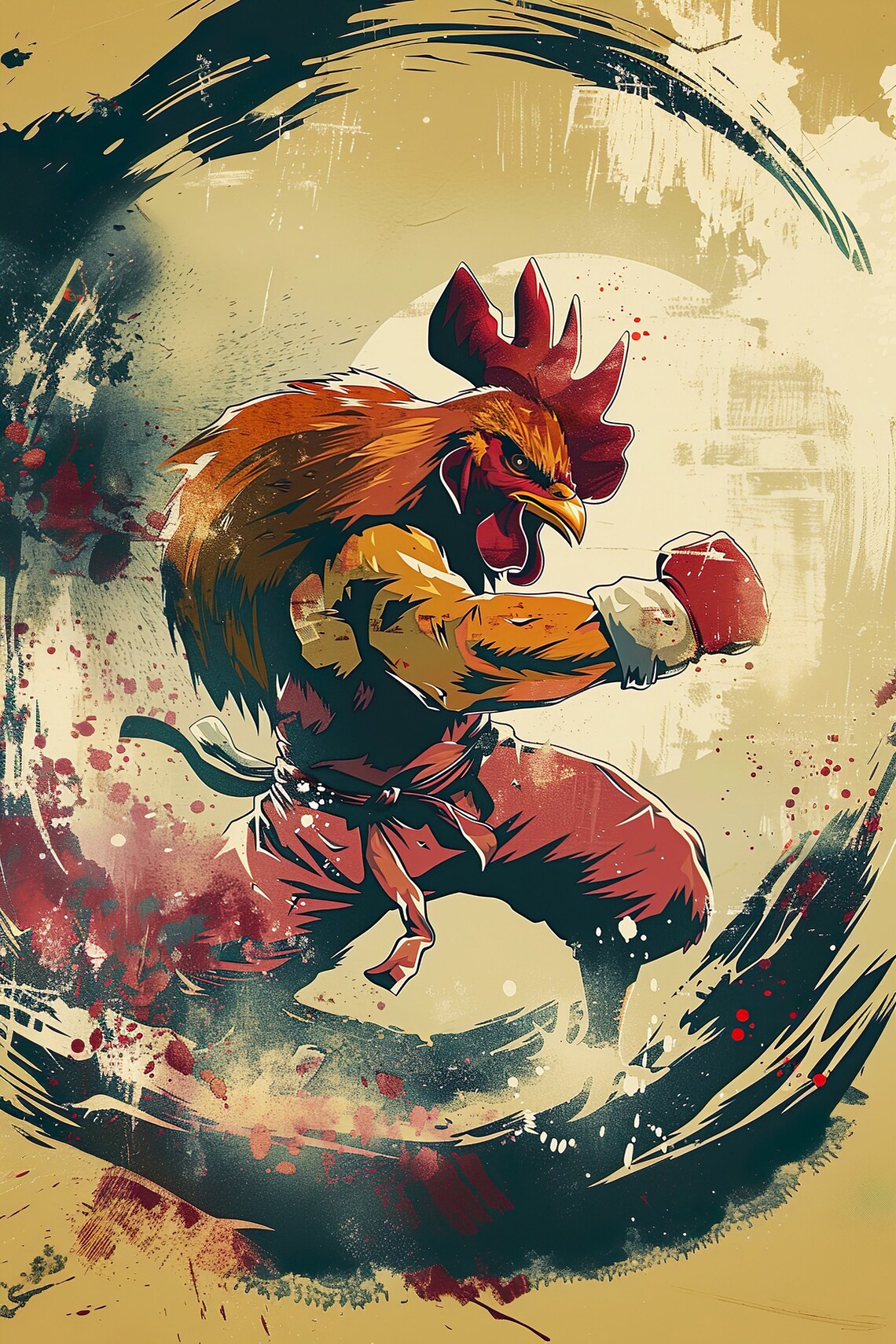 Japanese Ninja Karate Rooster Boxing Gloves Funny Art Poster