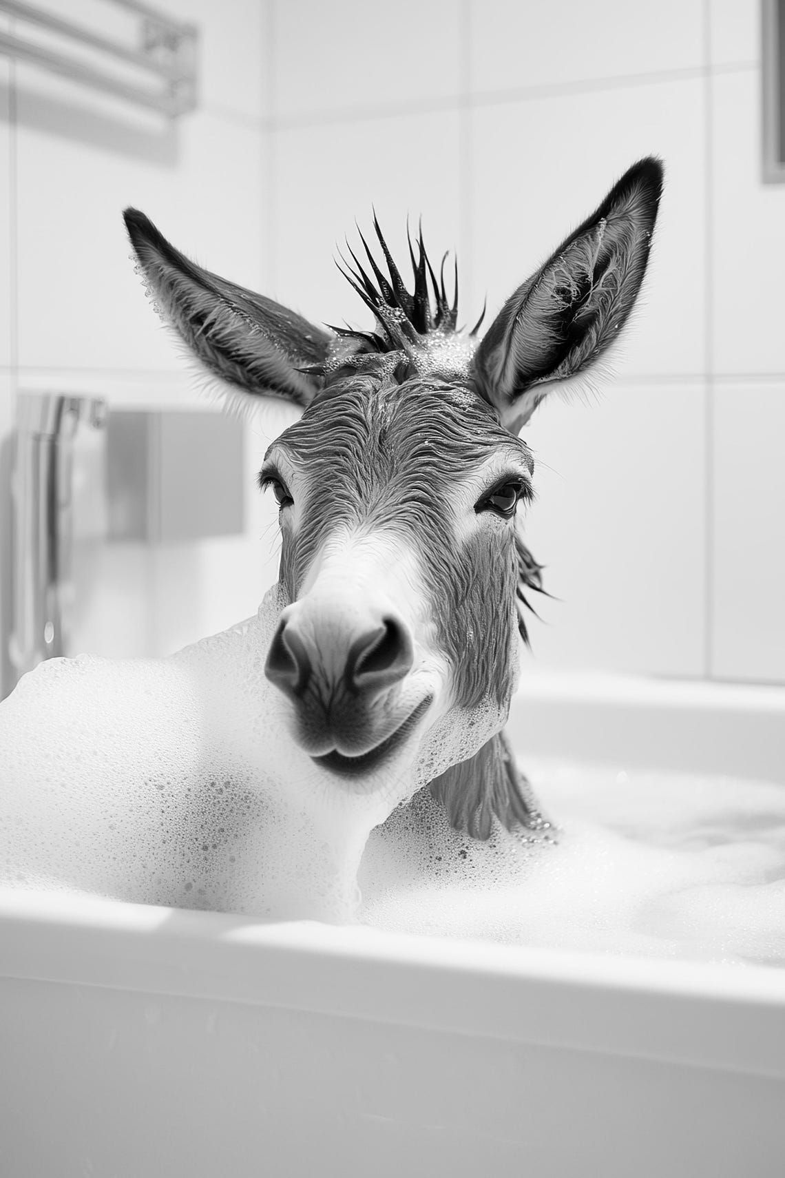 Cute Donkey In Bubble Bath Black And White Funny Bathroom Poster - Image 2