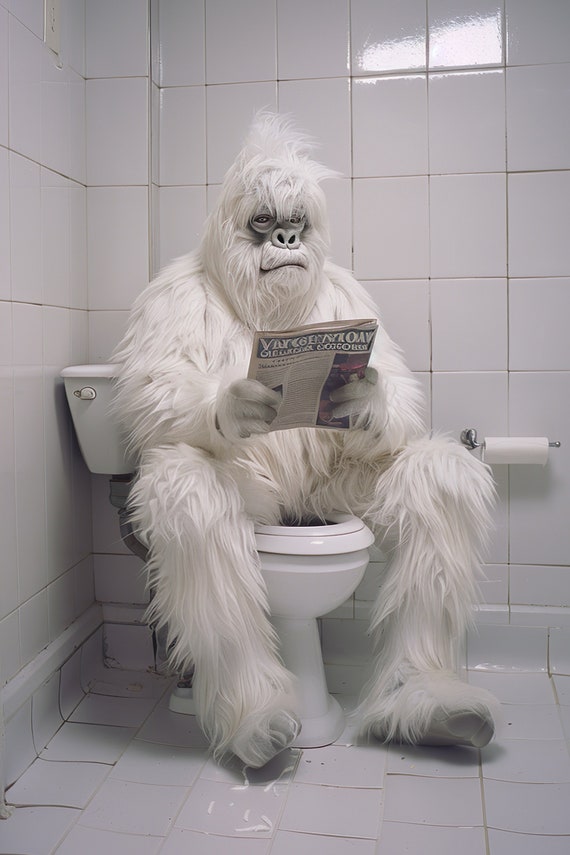 Yeti Sitting On The Toilet Reading A Newspaper Funny Bathroom Humor Funny Mythical Creature Wall Art Home Ai Art Prints