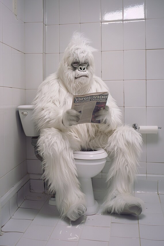Yeti Sitting on Toilet Reading Newspaper Funny Animal Poster