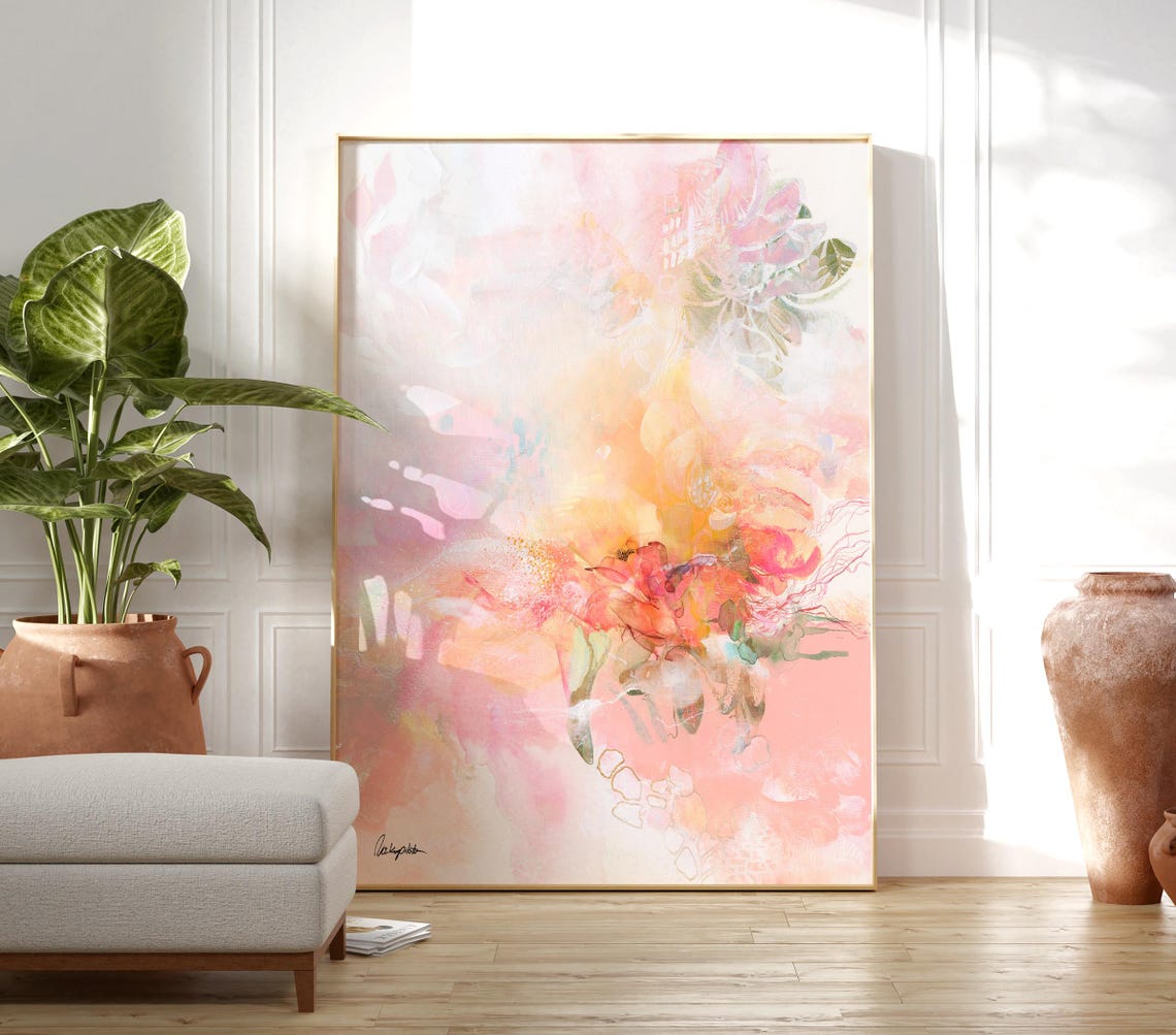 Abstract Painting Colorful Print Pastel Pink Wall Art Coral Pink Yellow Painting Extra Large Abstract Wall Art Living Room Art - Image 2