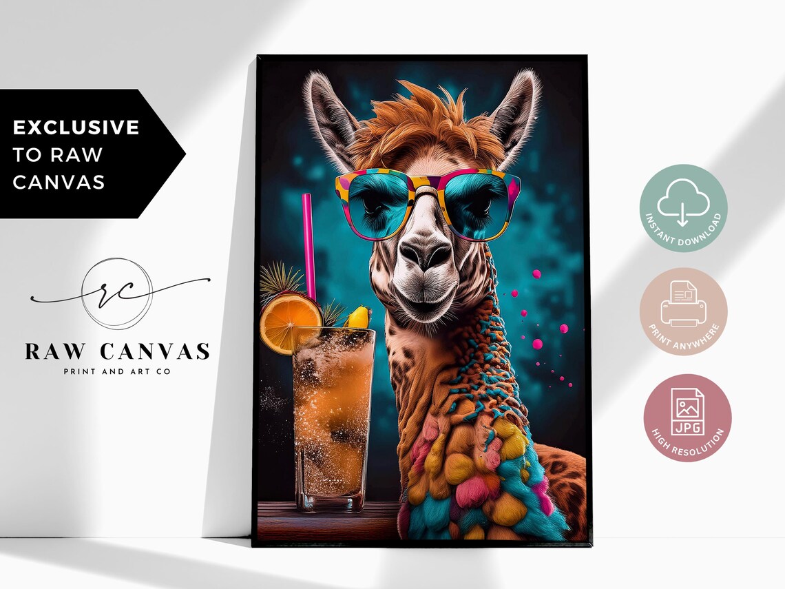 Funky Llama Retro Pop Art Poster, Quirky Neon Animal