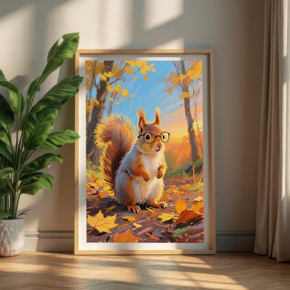 Smart Squirrel With Glasses Wall Art Autumn Forest Animal Print Cute Decor