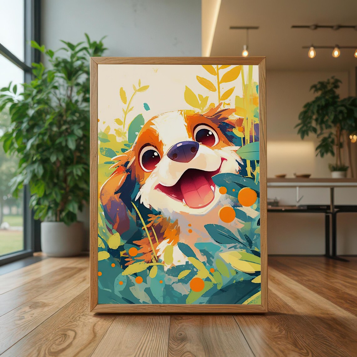 Happy Cartoon Puppy In The Garden Colorful Whimsical Dog Print
