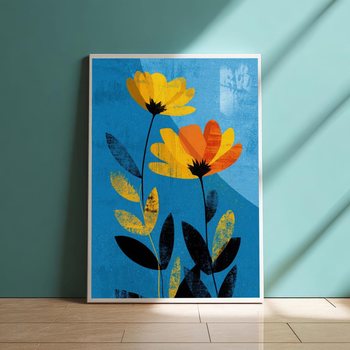 Textured Yellow And Orange Flowers On Deep Blue Modern Art Poster