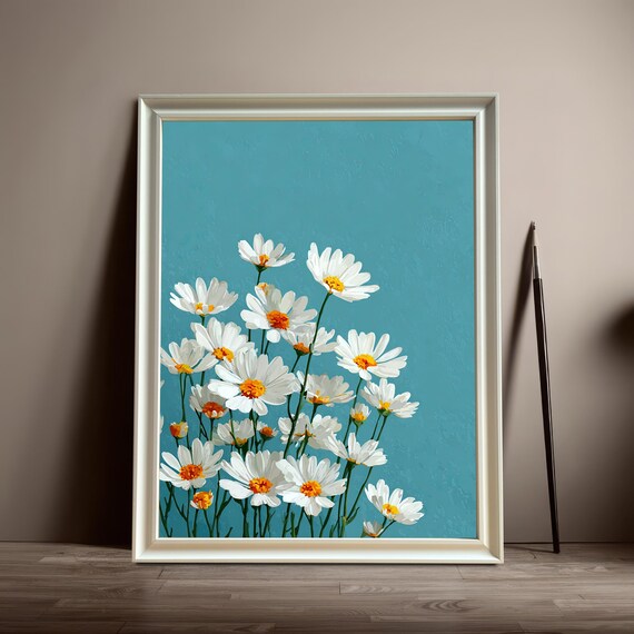 Cheerful White Daisy Petals on Teal Blue Vintage Botanical Poster