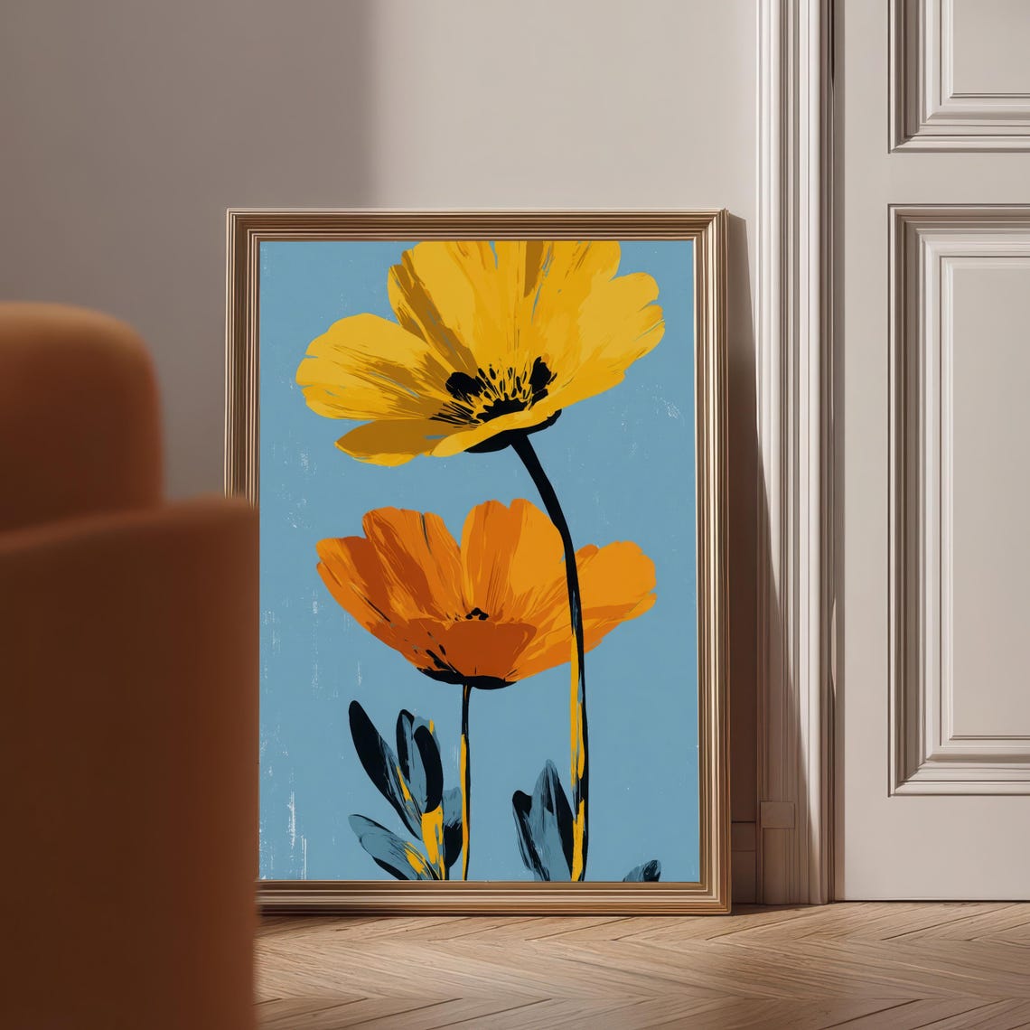 Bold Orange And Yellow Poppy Flowers On Blue Background Poster