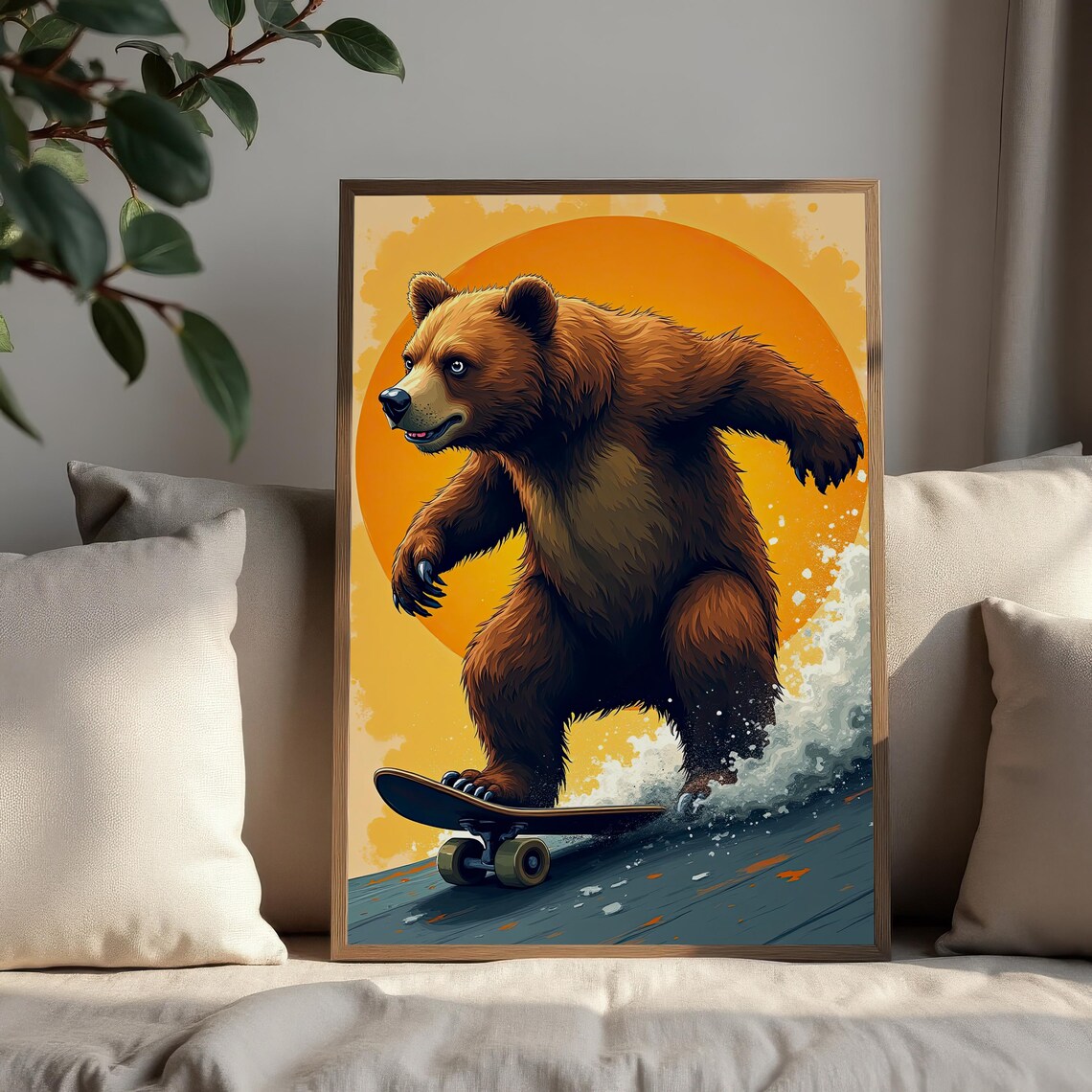 Skateboarding Bear Blazing Sunset Cool Wildlife Sports Animal Wall Art