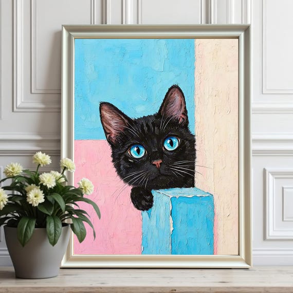 Abstract Animal Black Cat Peek Wall Art Print Wood Framed Poster Home Decor
