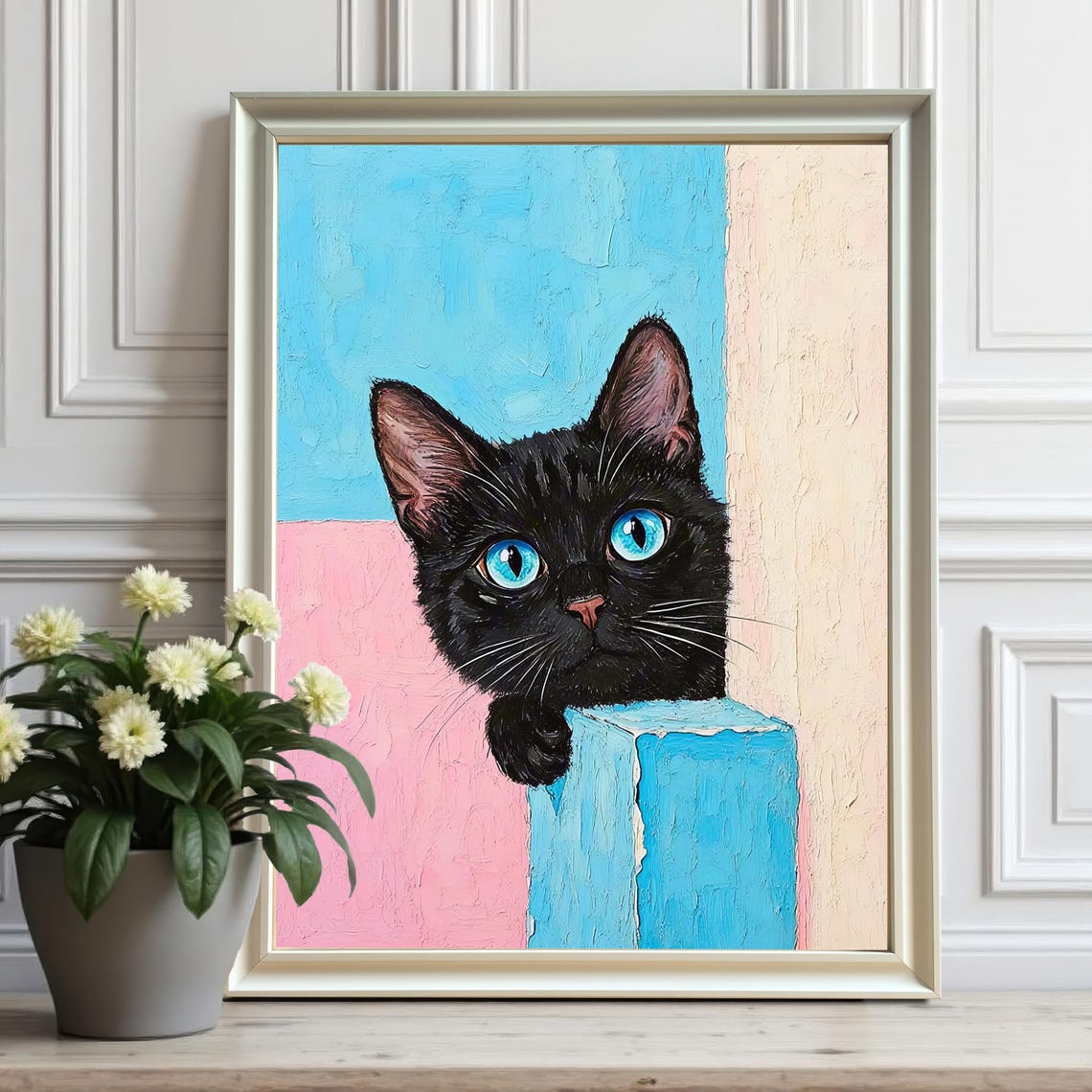 Curious Black Cat Peeking Over Block Big Blue Eyes Art Poster