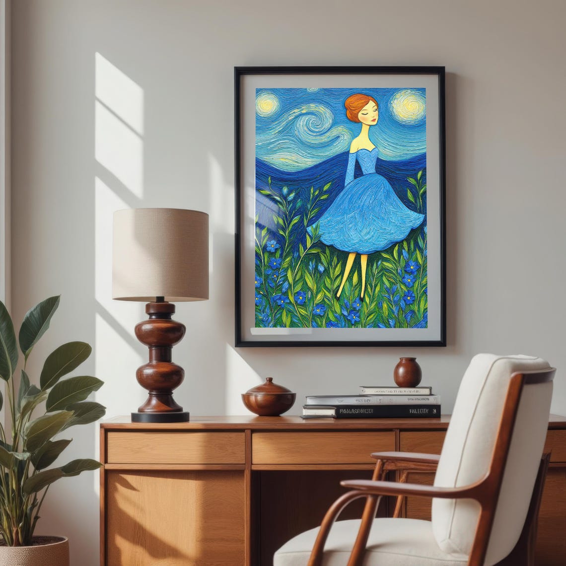 Starry Night Style Woman Art Print, Field Of Flowers - Image 3