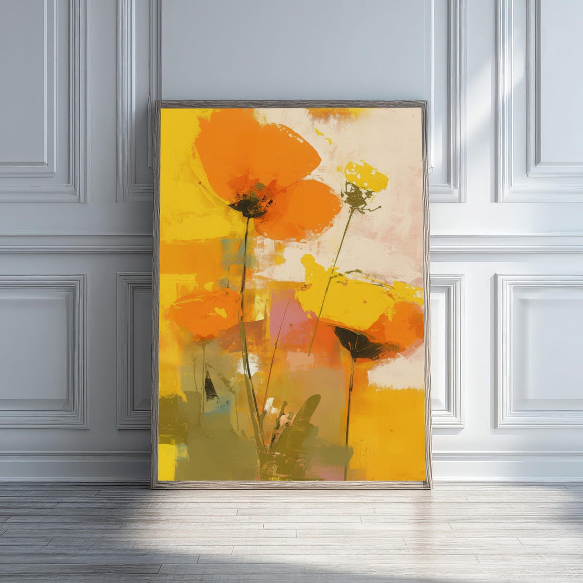 Vibrant Orange Yellow Poppies Abstract Floral Painting Poster