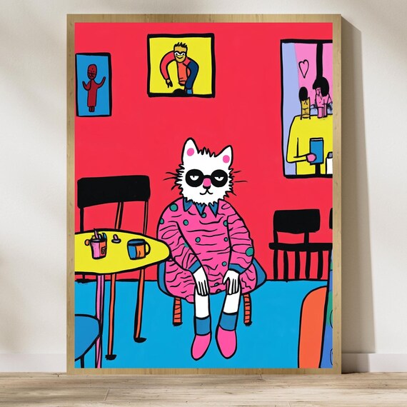 Funky White Cat Retro Pop Art Poster Pink Pajamas Cozy Cafe Scene