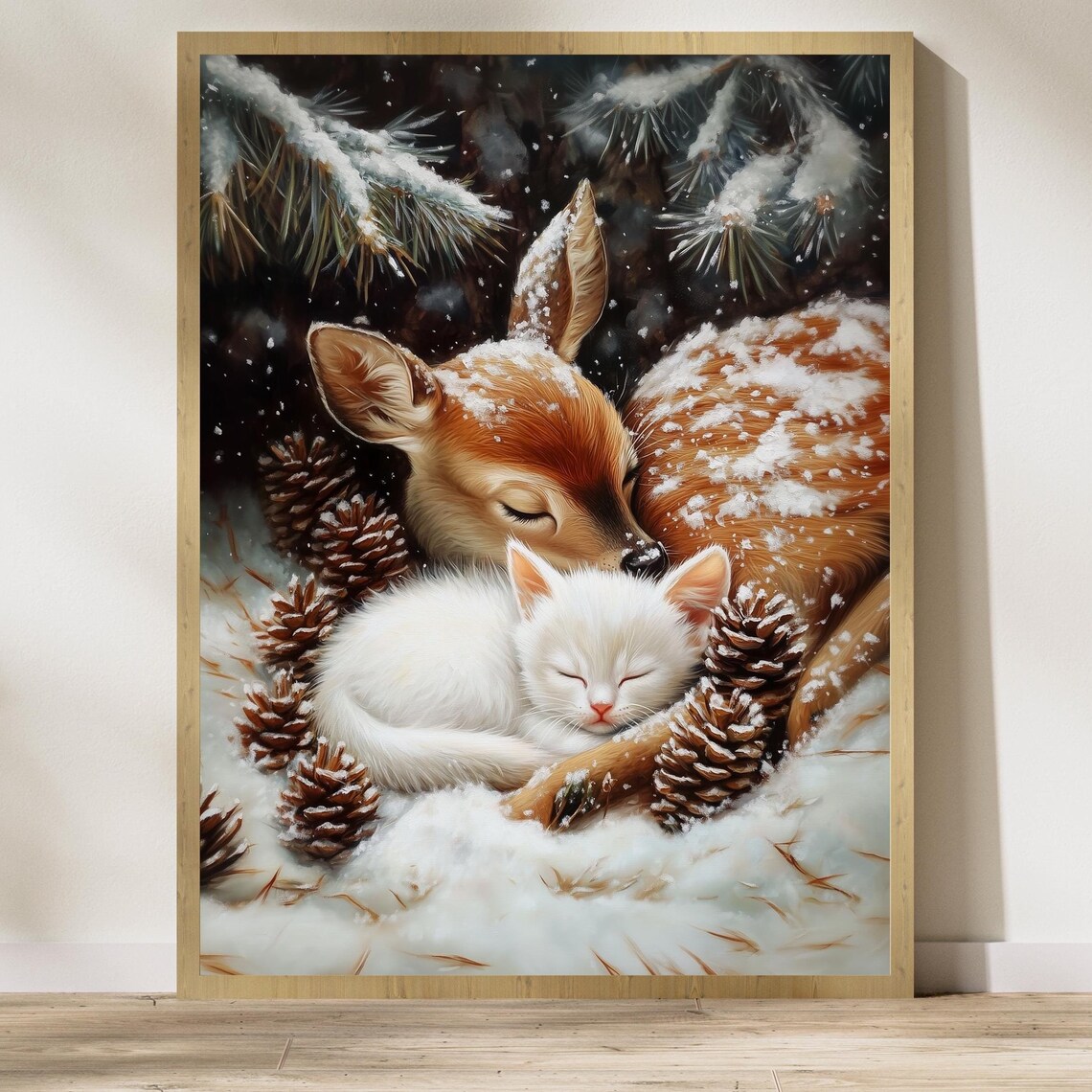 Sleeping Fawn And White Kitten Winter Snow Christmas Art Poster