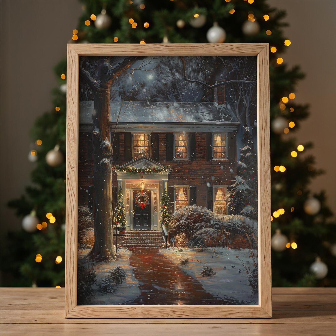 Snowy Brick House Christmas Night Glowing Windows Winter Home Poster