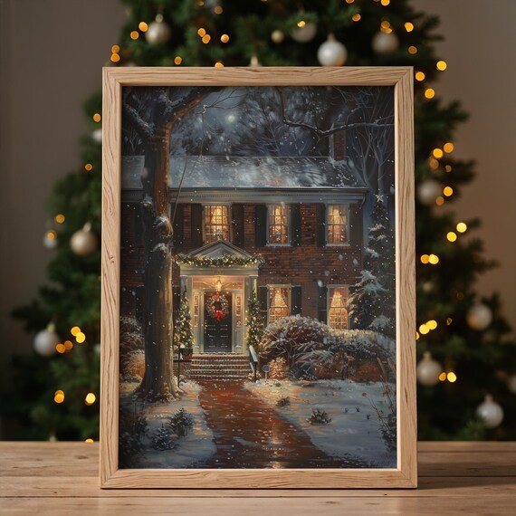 Snowy Brick House Christmas Night Glowing Windows Winter Home Poster
