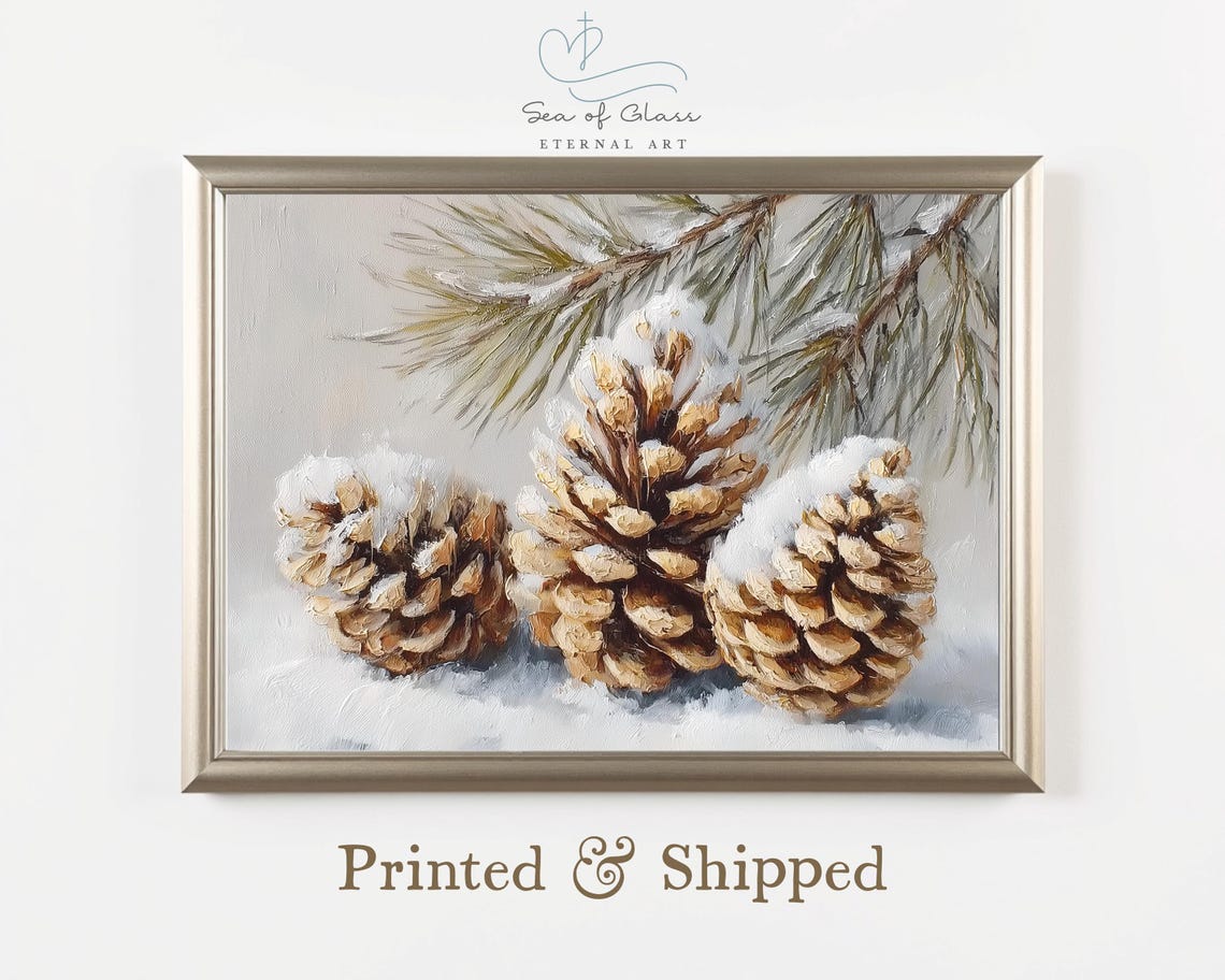 Snowy Pinecones Oil Painting Winter Branch Rustic Holiday Print