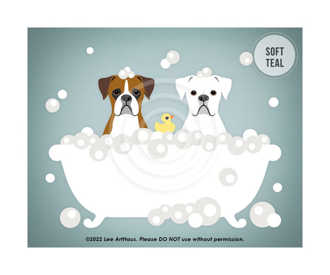 Two Boxer Dogs Bubble Bath Rubber Ducky Bright Teal Funny Poster - Image 4