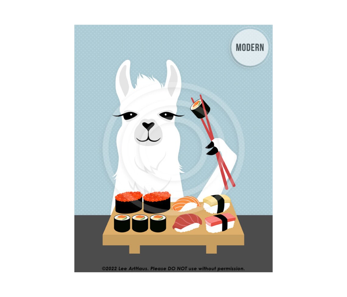 White Llama Eating Sushi Chopsticks Sushi Platter Funny Foodie Poster - Image 2