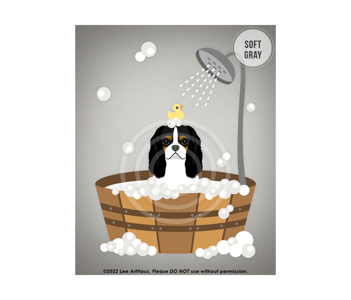 Tricolor Cavalier Spaniel In Wooden Tub Shower Bath With Duck Poster - Image 3