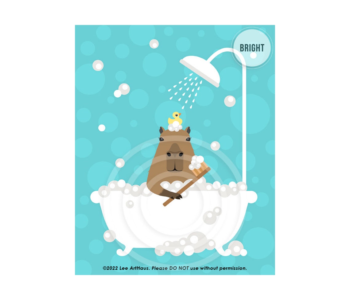 Capybara in Bubble Bath With Rubber Duck Cute Animal Art Poster