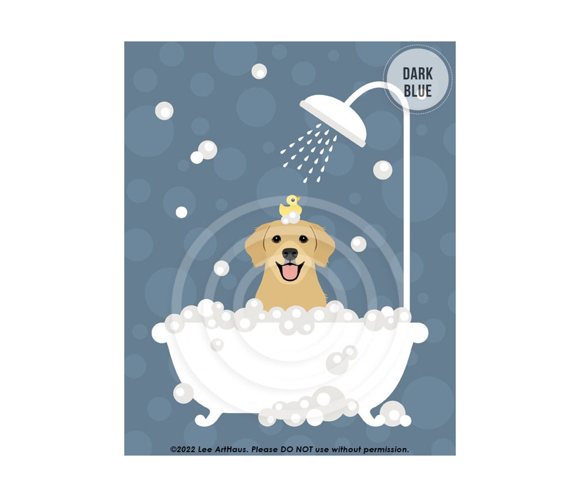 Golden Retriever In Shower Bathtub With Rubber Duck Dog Bath Poster