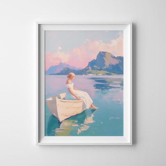 Woman In White Dress Sitting In Rowboat On Calm Turquoise Lake Poster