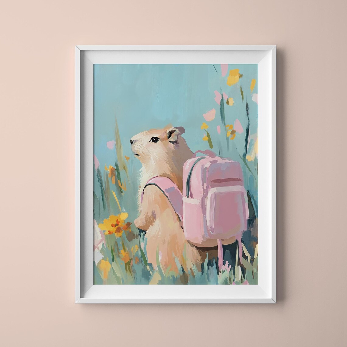 Capybara With Pink Backpack Wildflower Meadow Adventure Travel Poster