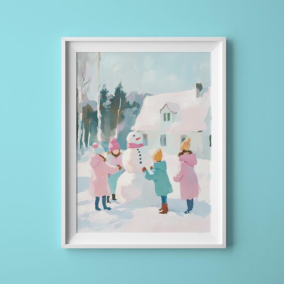 Kids Building Snowman Snowy Day Vintage Winter Scene Art Print