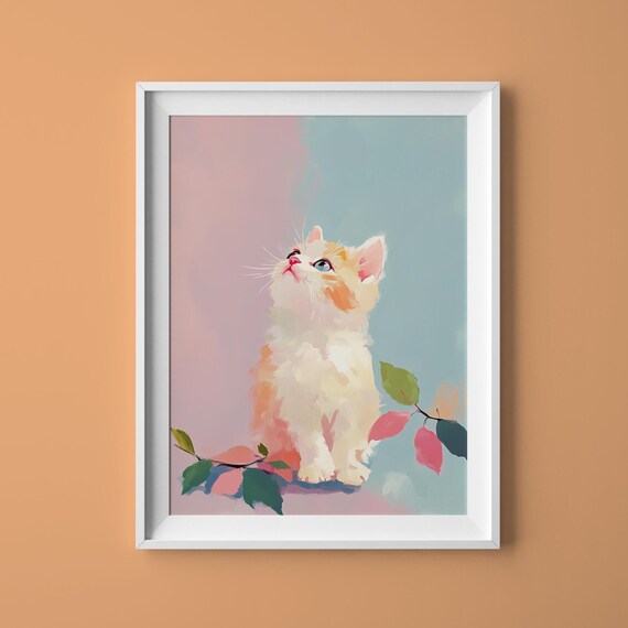 Cute Kitten Looking Up Pastel Pink Blue Sweet Cat Portrait Wall Art Print