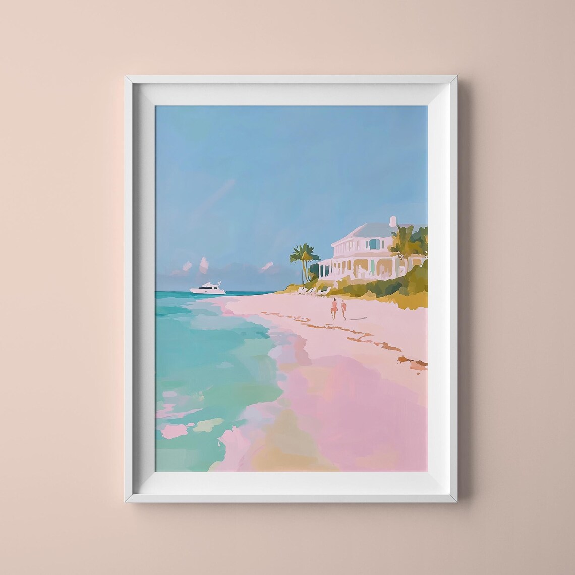 White Beach Villa Palm Trees Turquoise Water Pink Sand Seaside Poster