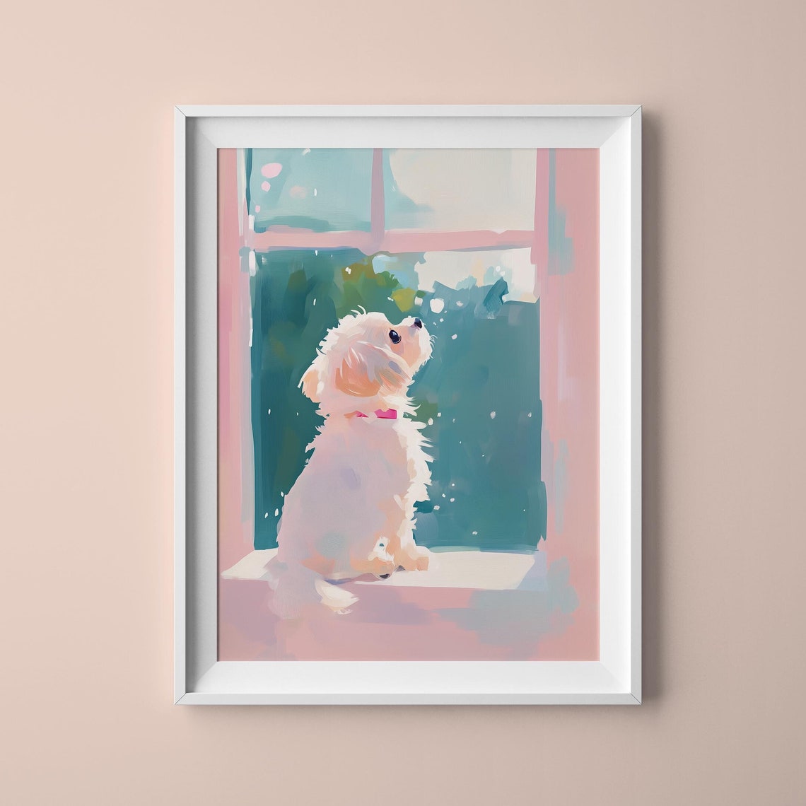 White Fluffy Puppy Looking Out A Pink Window Sunny Day Art Poster
