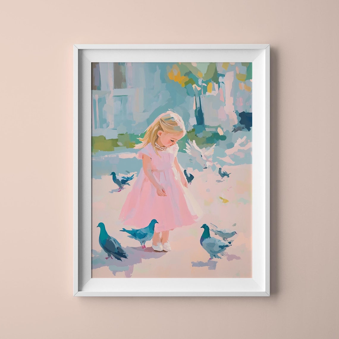 Pastel Toddler With Pigeons Watercolor Baby Toddler Girl Art Happy Baby Girl Art Blonde Girl Art Pastel Baby Girl Art Flying Pigeons