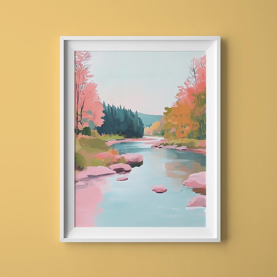 Autumn River Pink Trees Blue Water Fall Foliage Wall Art Print